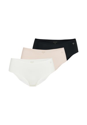 Drei nahtlose Damen-Hipster-Slips in Schwarz, Beige und Weiß, jeweils mit kleinem Logo am Bund.