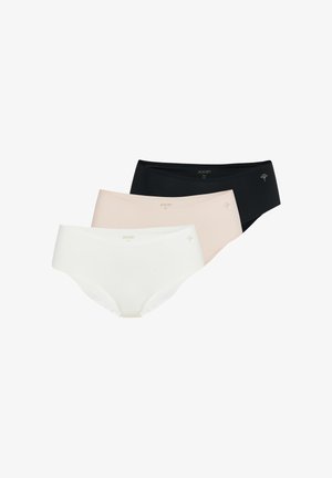 Drei nahtlose Damen-Hipster-Slips in Schwarz, Beige und Weiß, jeweils mit kleinem Logo am Bund.