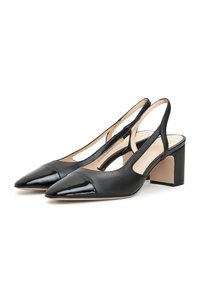 Décolleté neri a Slingback in pelle, con punta appuntita con cappuccio lucido, lati aperti e tacco a blocco. Finitura di texture liscia.