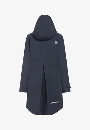 Veste imperméable bleu marine foncé avec capuche, manches longues avec poignets ajustables, ouverture plissée au dos et bande réfléchissante près de l'ourlet.