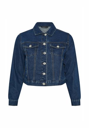 Granatowa kurtka dżinsowa z długimi rękawami, srebrnymi guzikami z przodu i dwoma zapinanymi na guziki kieszeniami na piersi.