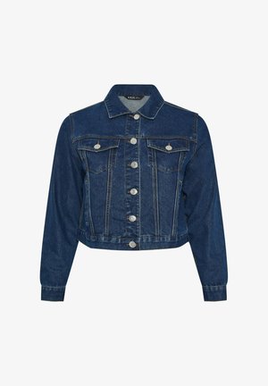Dunkelblaue Jeansjacke mit langen Ärmeln, silberfarbenen Knöpfen vorne und zwei mit Knöpfen verschlossenen Brusttaschen.