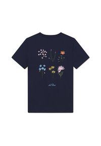 Tricou din bumbac de culoare albastru închis, cu designuri florale brodate în diverse culori pe spate, având textul "Les Deux" în partea de jos.