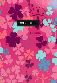 Gabol backpack featuring a vibrant pink background with an array of multicolored, layered floral patterns and a black logo accent.