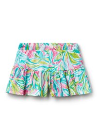 Pantaloni corti con stampa floreale caratterizzati da uno sfondo azzurro chiaro con motivi di foglie rosa e verdi, orlo arricciato e cintura elastica.