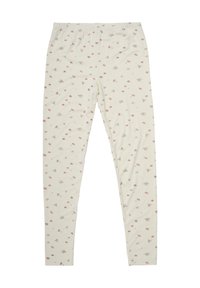 Leggings van zachte, rekbare stof in crème met een bloemenpatroon in roze en grijs. Voorzien van een elastische tailleband voor extra comfort.