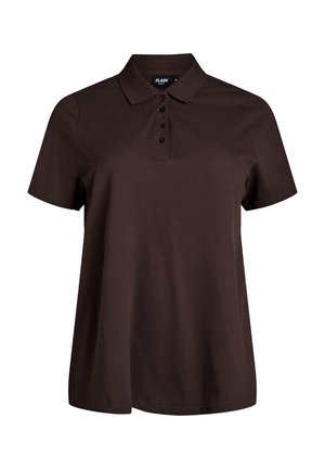 Mørkebrun kortærmet poloshirt med fire knapper og en krave, vist på en ensfarvet hvid baggrund.