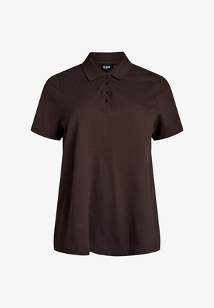 Mørkebrun kortærmet poloshirt med fire knapper og en krave, vist på en ensfarvet hvid baggrund.