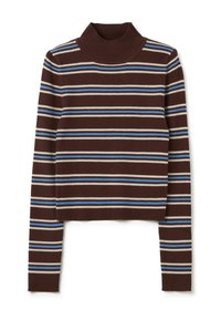 Brauner, gerippter Rollkragensweater mit horizontalen Streifen in Hellblau und Beige. Verfügt über eine taillierte Passform und lange Ärmel.