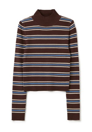 Suéter de cuello alto marrón de canalé con rayas horizontales en azul claro y beige. Presenta un diseño ajustado y mangas largas.