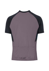 Kurzärmeliges Radsporttrikot in gedämpftem Lila mit schwarzen Raglanärmeln und drei Taschen auf der Rückseite, Vaude-Logo unten mittig am Rücken.