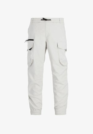 Hellegraue Cargo-Hosen mit elastischem Taillenbund und Kordelzug, ausgestattet mit mehreren Seitentaschen und tapered Beinen mit elastischen Bündchen.