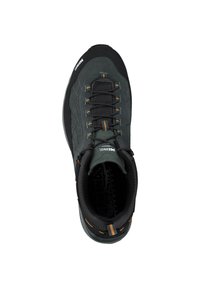 Black and gray hiking shoe with a textured upper, orange accents, lace-up design, and a padded collar for comfort and support.