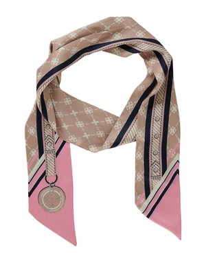 Silketørklæde med en lys brun base, geometriske mønstre, pinke accenter og et medaljonmotiv som ekstra dekoration.