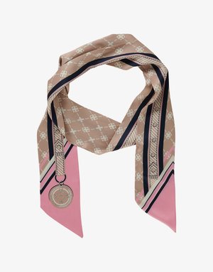 Silketørklæde med en lys brun base, geometriske mønstre, pinke accenter og et medaljonmotiv som ekstra dekoration.