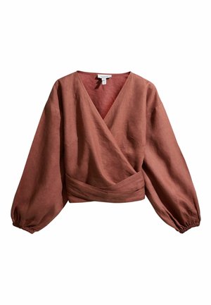 Roostevärvi wrap-pluus pikkade täispuhutud varrukatega ja elastsete mansettidega, millel on sügav V-kaelus ja liibuv vöökoht.