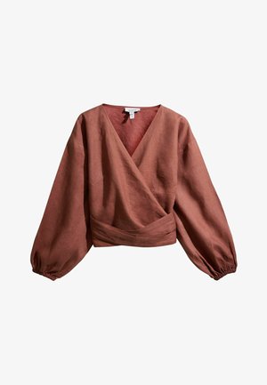 Wickelbluse in Rostfarbe mit langen Puffärmeln und elastischen Bündchen, ausgestattet mit einem tiefen V-Ausschnitt und einem taillierten Bund.