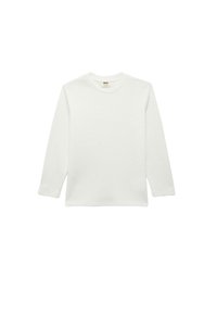 Wit T-shirt met lange mouwen van zachte, gestructureerde stof met een ronde hals en geen zichtbare patronen of accenten. Standaard recht model.