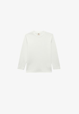 Wit T-shirt met lange mouwen van zachte, gestructureerde stof met een ronde hals en geen zichtbare patronen of accenten. Standaard recht model.