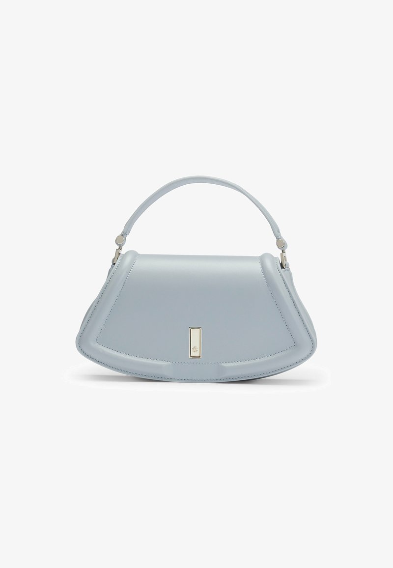 Light blue leather handbag with a structured shape, narrow handle, and a distinct rectangular gold-tone hardware accent on the front.