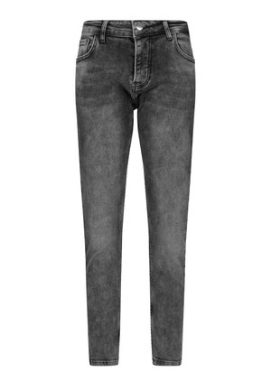 Schwarze Denim Skinny Jeans mit glatter Textur, Fünf-Taschen-Design, Gürtelschlaufen und einem Knopfverschluss an der Taille.