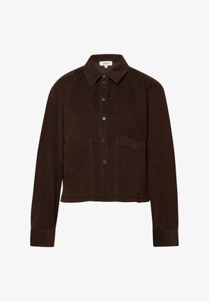 Dark brown corduroy button-up shirt with long sleeves, pointed collar, and two front patch pockets.