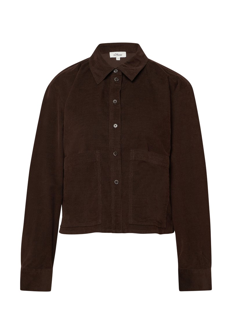 Camicetta in corduroy marrone scuro con bottoni, maniche lunghe, colletto a punta e due tasche a toppa frontali.