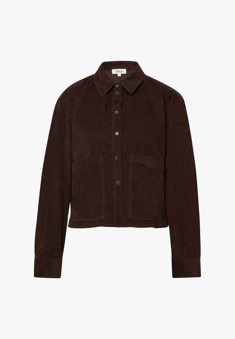 Dunkelbraune Cordhemdjacke mit langen Ärmeln, spitzem Kragen und zwei aufgesetzten Taschen auf der Vorderseite.
