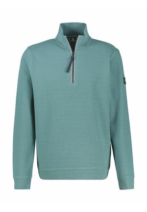 Hellblaue Pullover mit einem Viertel-Reißverschluss am Kragen, strukturierter Stoff, gerippte Bündchen und Saum sowie ein kleines Logo auf dem linken Ärmel.
