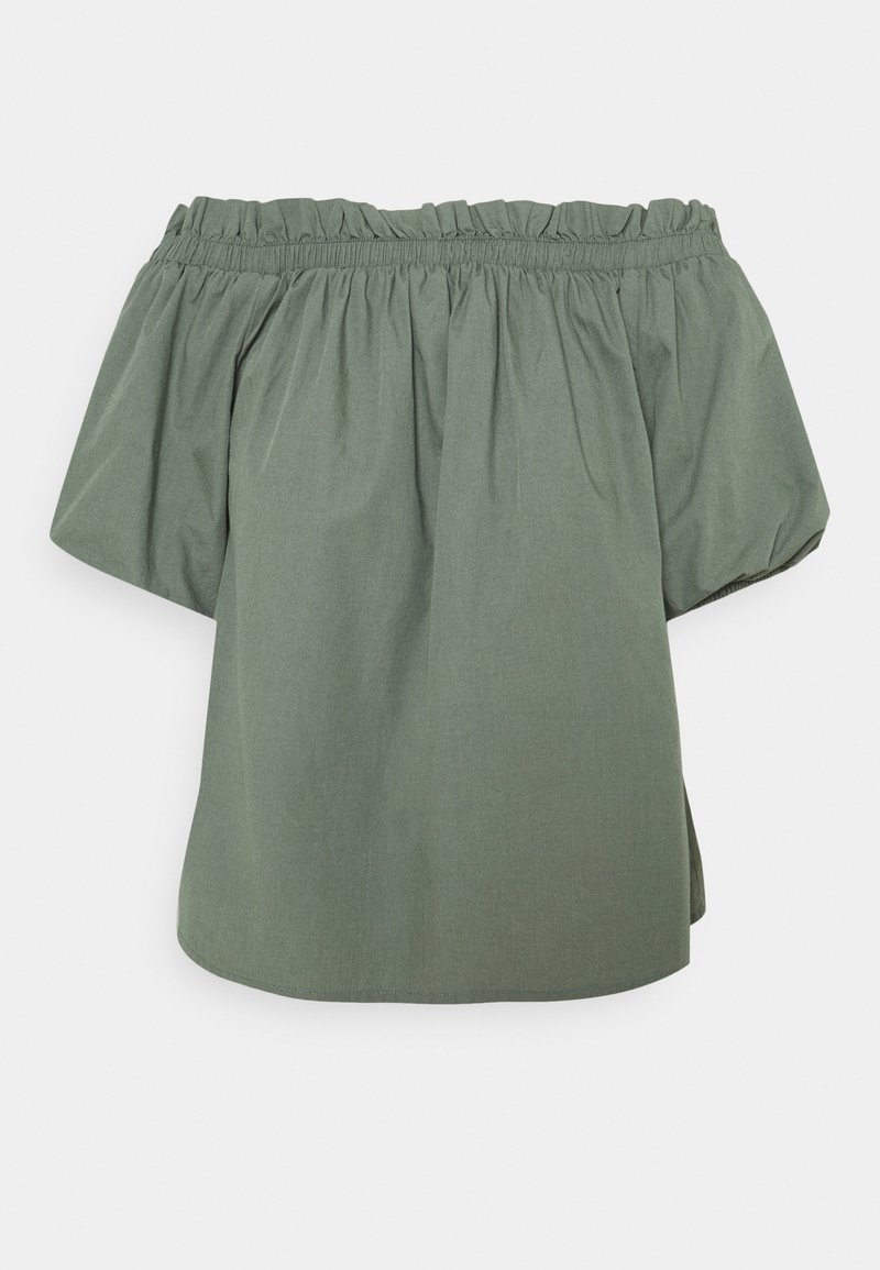 Blouse vert olive à décolleté épaules dénudées avec encolure froncée élastique et manches courtes bouffantes.