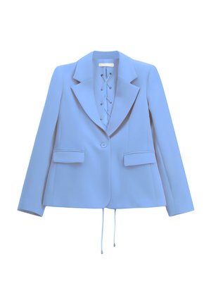 Blazer azzurro chiaro da donna con chiusura a un solo bottone, dettaglio frontale con lacci, revers a incasso e due tasche con pattina.