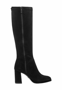 Cizmă de damă din piele întoarsă neagră, până la genunchi, cu toc gros, dotată cu fermoar lateral și textură netedă. Design simplu, fără modele sau accente suplimentare.