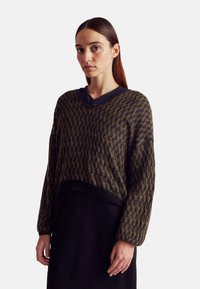 Sweter dzianinowy z dekoltem w serek, z teksturowanym wzorem w zielono-czarnym kolorze, z długimi rękawami i skróconym fasonem.