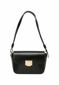 Sac à main en cuir noir de forme rectangulaire, avec un fermoir en métal doré et une seule sangle réglable. Texture lisse, design minimaliste.