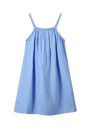 Robe sans manches bleu clair en tissu doux, avec un corsage froncé et des bretelles tressées, avec une coupe fluide et décontractée.
