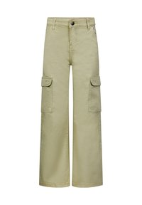 Pantalones cargo de pernera amplia en verde oliva claro, con dos bolsillos laterales, cierre de botón y detalles cosidos. Fabricados en material de algodón duradero.