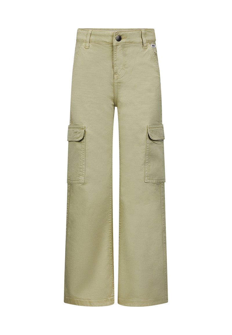 Pantalones cargo de pernera amplia en verde oliva claro, con dos bolsillos laterales, cierre de botón y detalles cosidos. Fabricados en material de algodón duradero.
