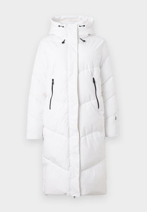Dolga bele zimska jakna s kapuco, črne zadrge, gumbi na pritiskač in nastavljivi vrvici za kapuco.