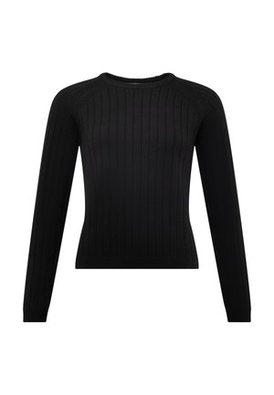 Zwarte geribbelde gebreide trui met lange mouwen en ronde halslijn, met een getailleerd silhouet en textuurdetails door het geheel.