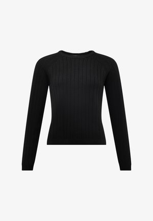Zwarte geribbelde gebreide trui met lange mouwen en ronde halslijn, met een getailleerd silhouet en textuurdetails door het geheel.