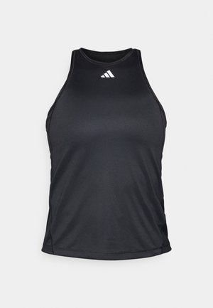 Schwarzes Sport-Tanktop aus glattem, feuchtigkeitsableitendem Material. Es hat einen hohen Ausschnitt und ein weißes Logo auf der Brust.