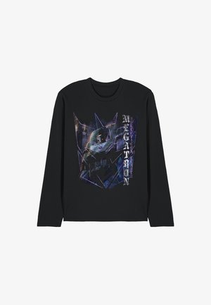 Black long-sleeve t-shirt featuring a graphic print of a character in shades of gray and blue, with angular design and textured elements.