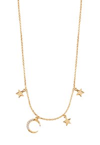 Złoty naszyjnik z łańcuszkiem, który ozdobiony jest trzema zawieszkami w kształcie gwiazdy i jednym w kształcie półksiężyca, zdobionym przezroczystymi kamieniami na półksiężycu.