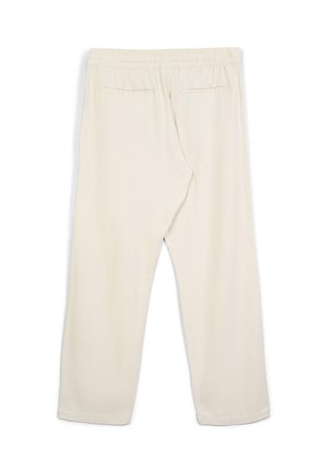 Hellbeige, weit geschnittene Hose mit elastischem Bund, zwei Gesäßtaschen, glatter Textur und lockerer Passform.