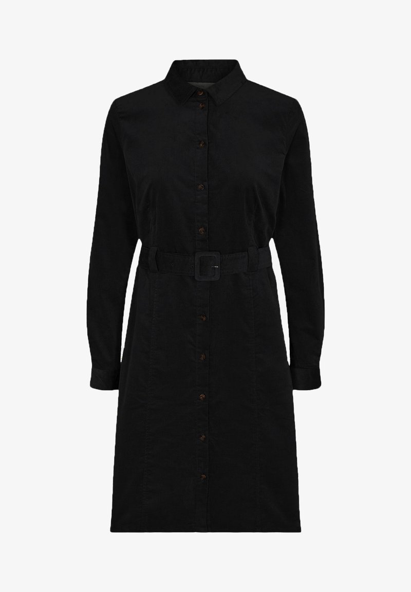 Robe en velours côtelé noir à manches longues, boutonnée sur le devant et avec une taille ceinturée. Comprend des boutons marron et un col classique.