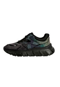 Schwarzer Sportschuh mit einer strukturierten Oberseite und bunten Strass-Akzenten, einer gepolsterten Sohle und eleganten Linien.