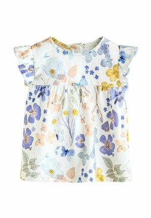 Haut à manches courtes floral en tissu léger, orné de fleurs bleues, roses et jaunes. Comprend des manches volantées et une fermeture à boutons à l'arrière.