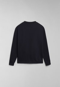 Felpa blu navy con colletto a girocollo, maniche lunghe e polsini a coste, realizzata in tessuto morbido e liscio con un design minimalista.