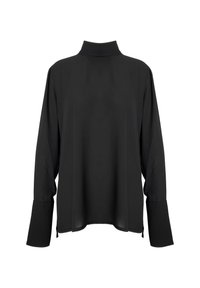 Schwarze Bluse mit langen Ärmeln und einem hohen Kragen, aus glattem Stoff gefertigt. Verfügt über weite Ärmel mit Manschetten und einem leicht gebogenen Saum.