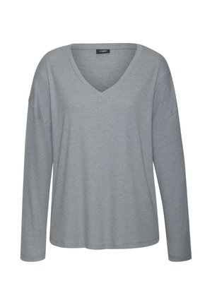 Hellgraues Langarmshirt mit V-Ausschnitt, ribbelter Textur und lockerer Passform. Verfügt über abgesenkte Schultern und einen geraden Saum.